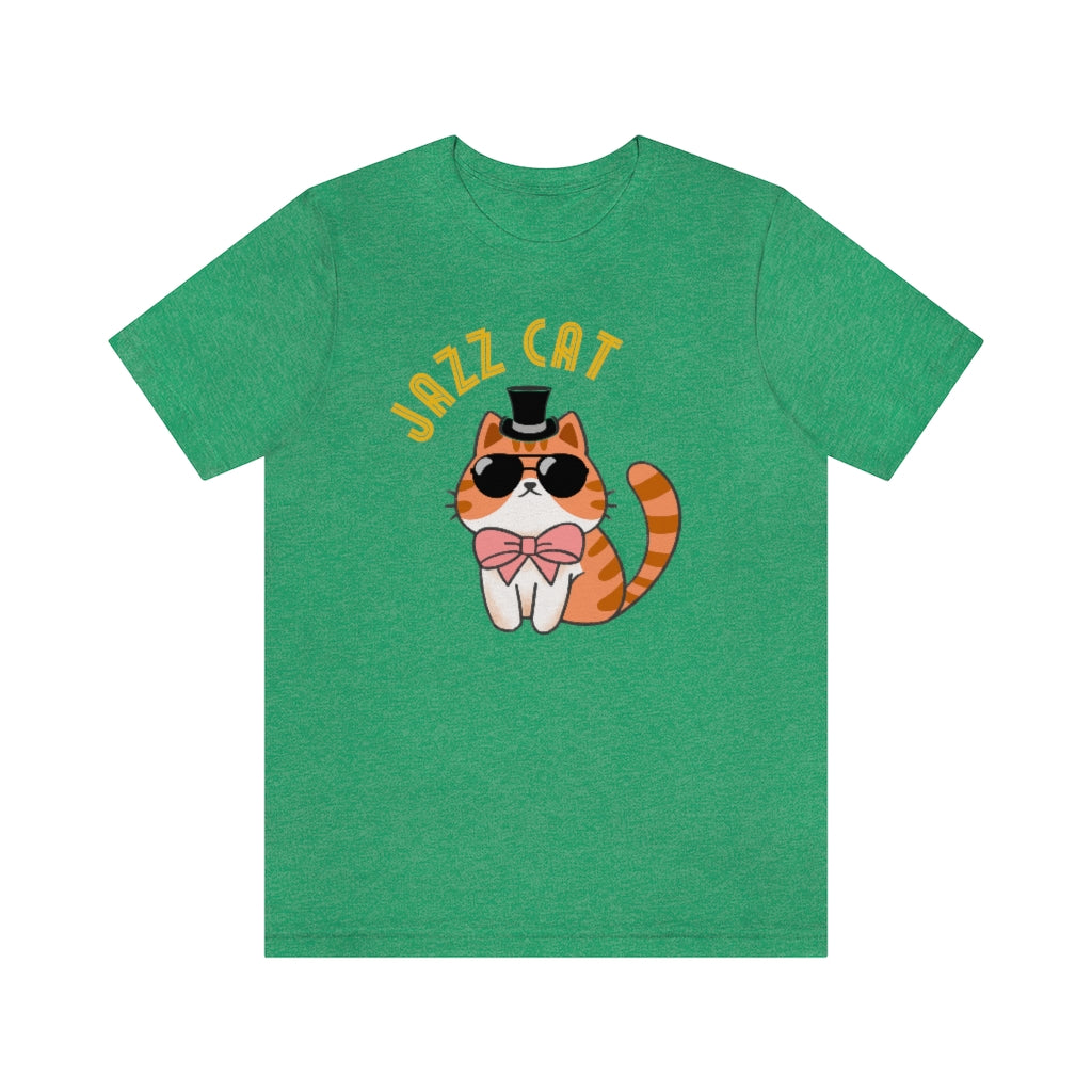 A green T-shirt with a really cool cat. It's wearing black sunglasses, a top hat and a pink bowtie. Above it is the text "Jazz cat" in a very retro font.