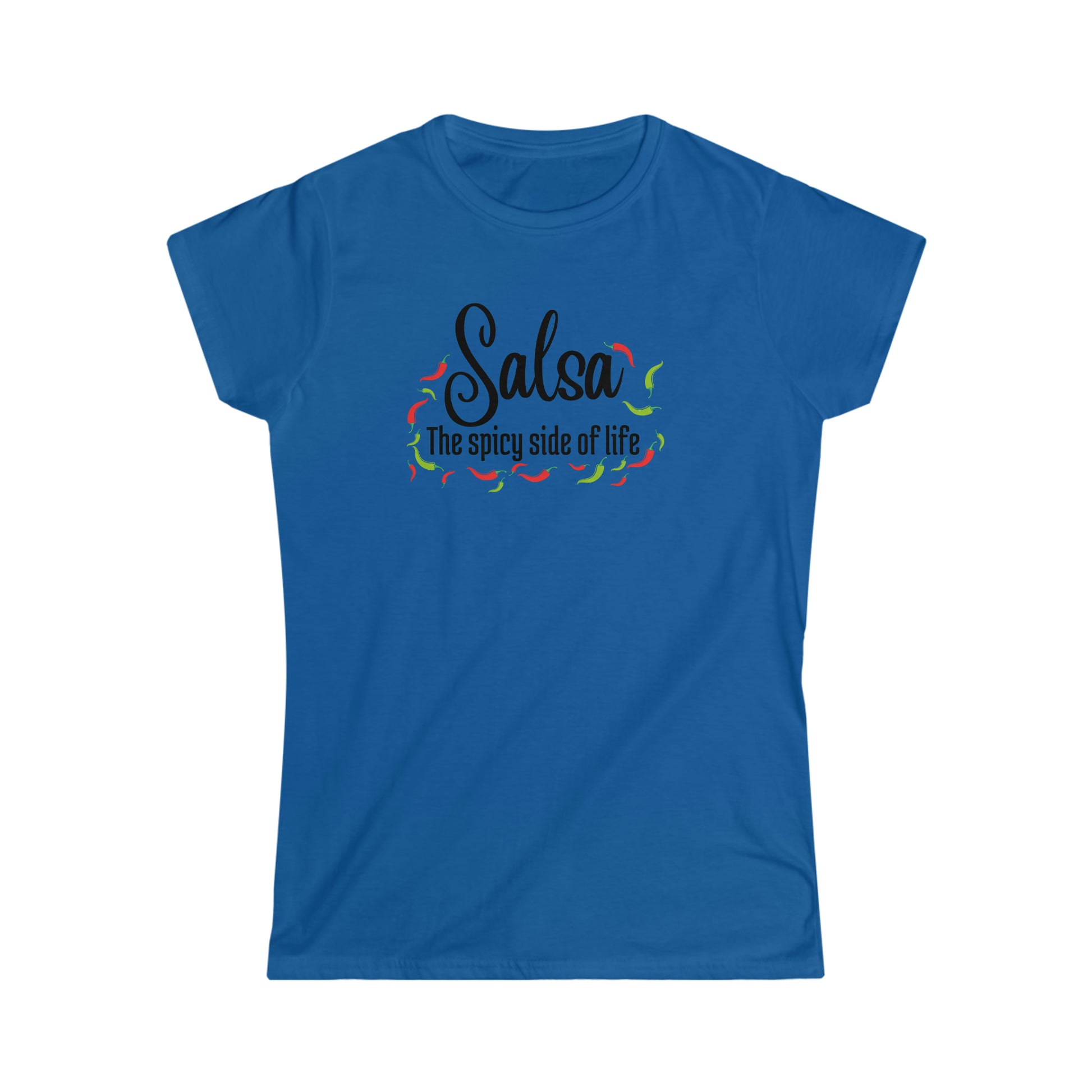 A salsa dance tshirt for salsa dancers with the text "Salsa the spicy side of life" and lots of pictures of small chilis surrounding it