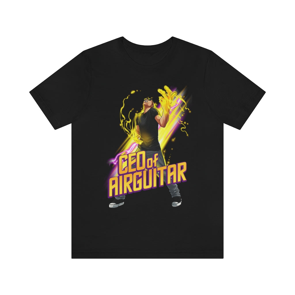 A black T-shirt with the text "CEO of air guitar". It has an image of a male playing air guitar and creating magic.