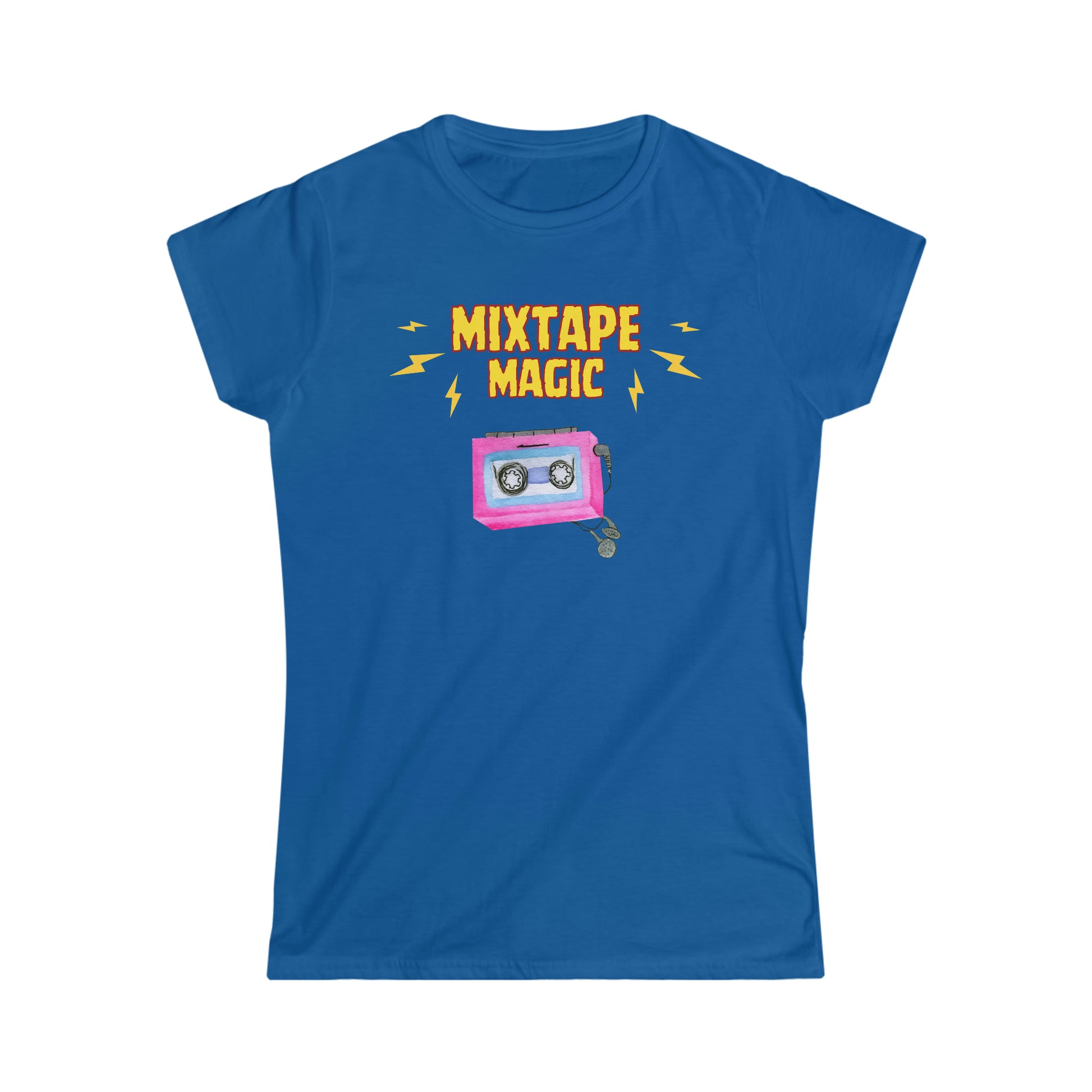 A retro music tshirt with the text "Mixtape magic" and a picture of a cassette player with headphones
