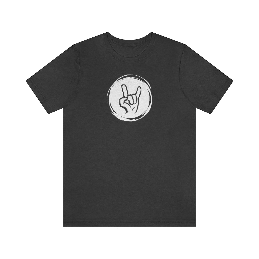 A dark grey T-shirt with a bright circle and in the middle of it is a hand doing the "rock" sign.