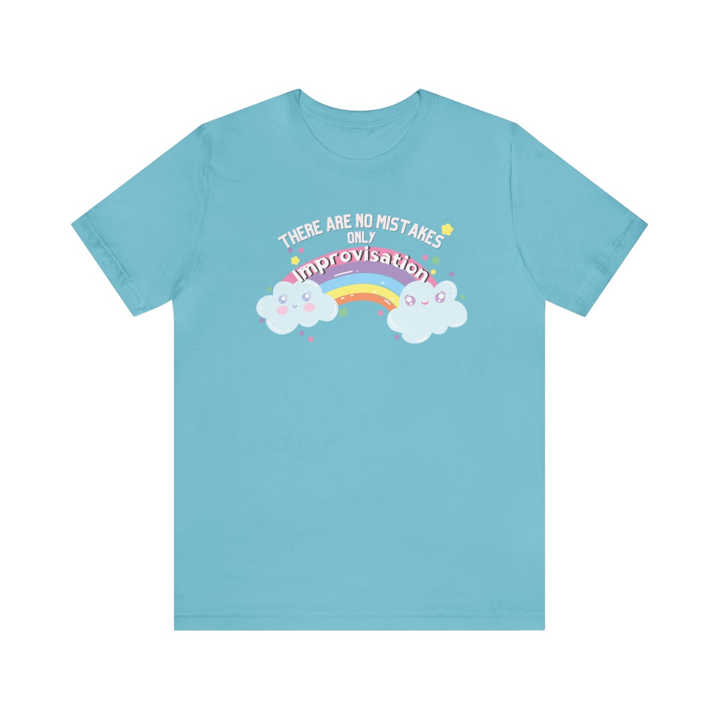 Funny dance tshirt with the text "there are no mistakes only improvisation" and two happy clouds connected by a rainbow