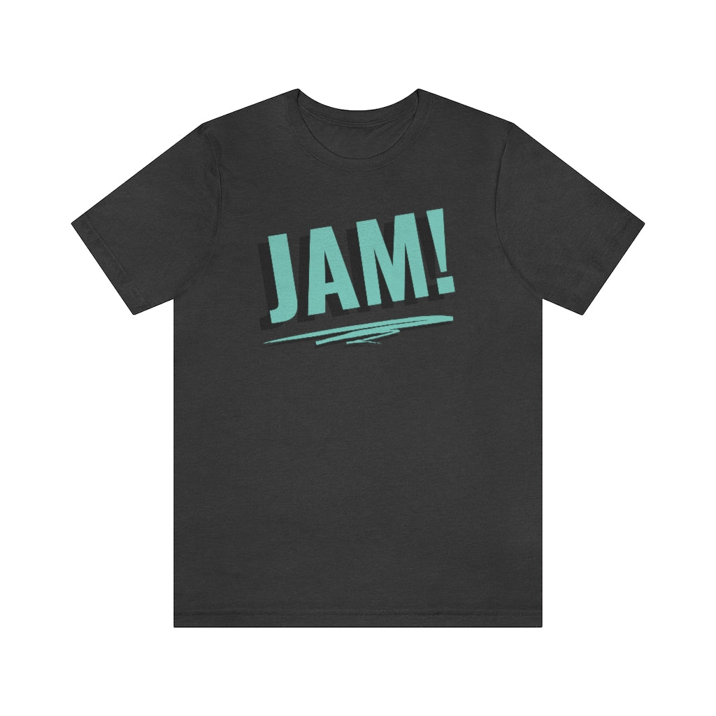 A black T-shirt with the text "JAM!" in cool and icy colors.