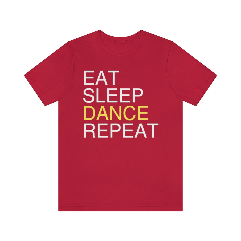 A red T-shirt with the text "eat sleep dance repeat" and the word "dance" is highlighted in yellow.