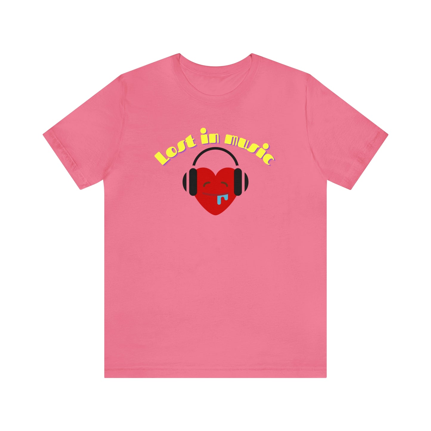 A music tshirt with the text "Lost in music" and a picture of a cartoon heart drooling while it's listening to music on its headphones