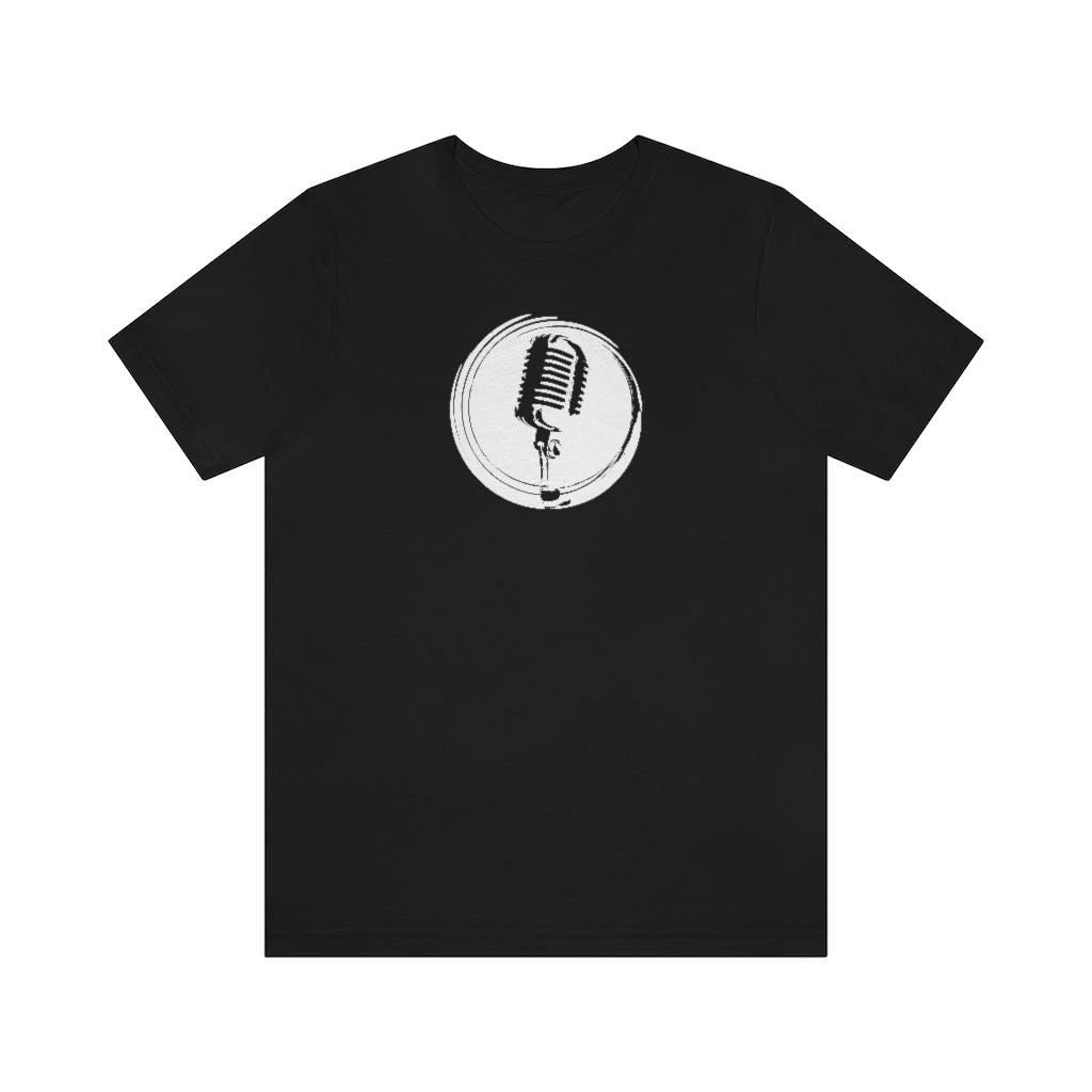 A black T-shirt with a vintage microphone on a retro stylized circle.