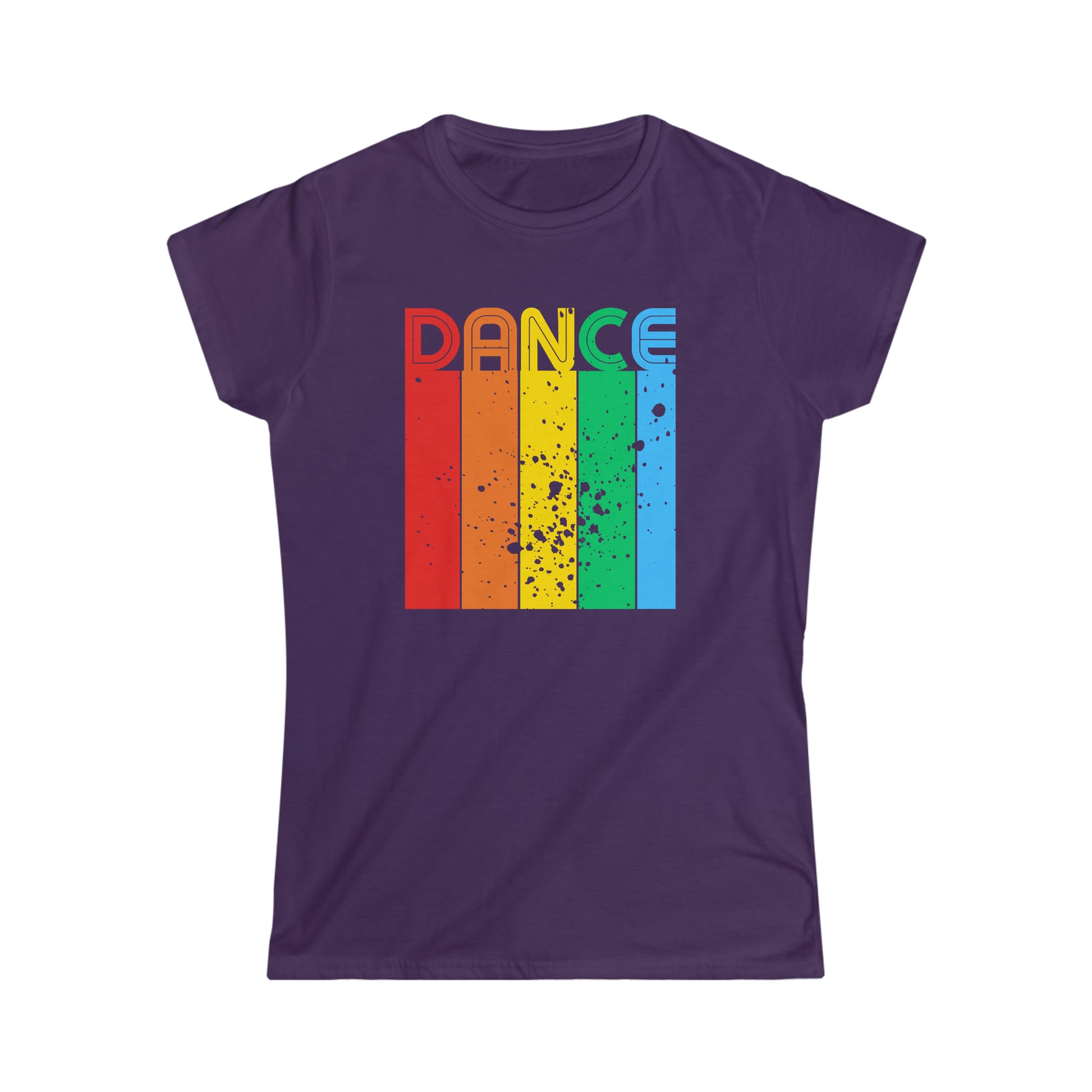 A T-shirt with the text "Dance". Each letter has a unique color and sits on top of a column with the same color