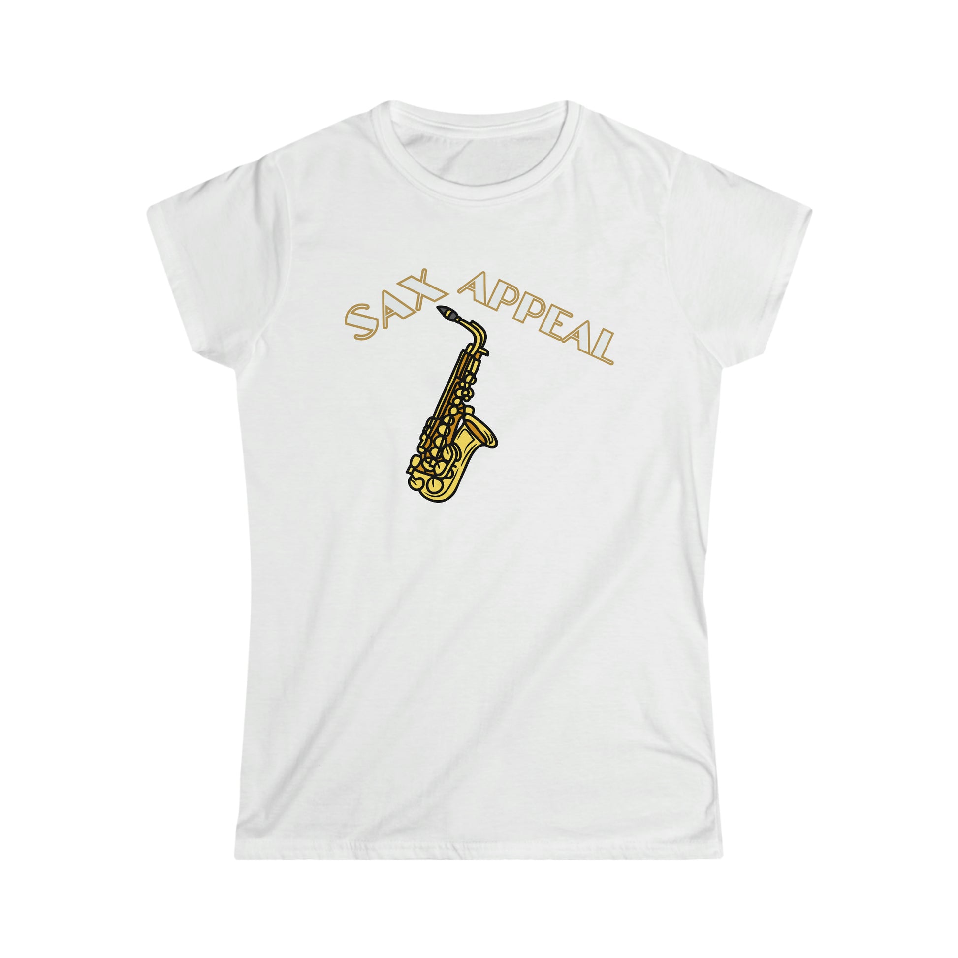 A music tshirt with the text "Sax appeal" with a retro font and a picture of saxophone. A funny jazz music tshirt!