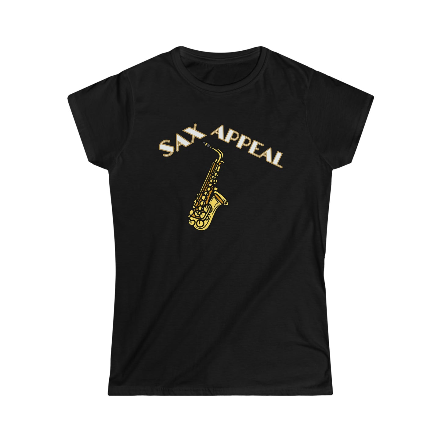 A music tshirt with the text "Sax appeal" with a retro font and a picture of saxophone. A funny jazz music tshirt!