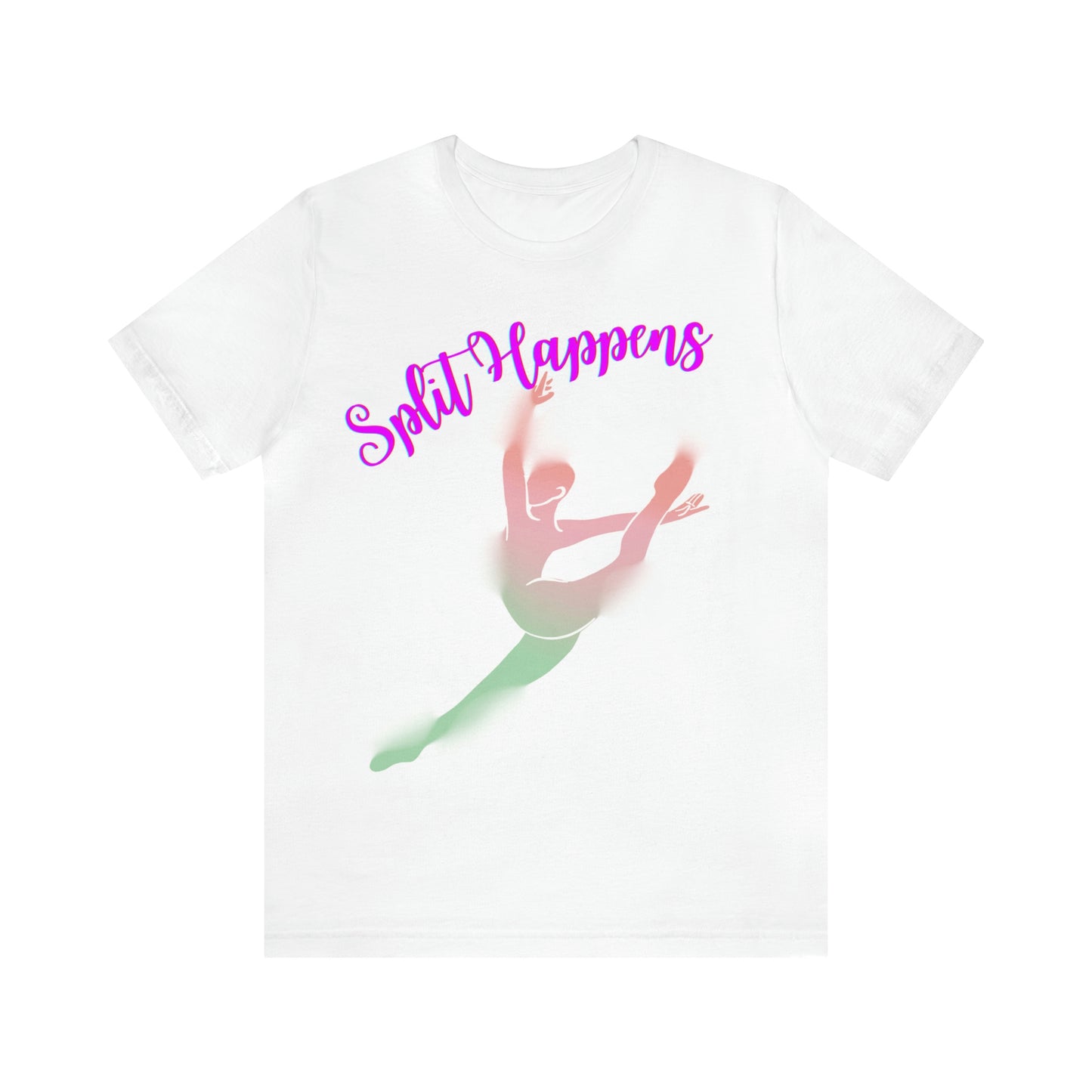 A ballet dance tshirt with the text "Split happens" and a picture of a ballerina doing the splits. The best of all dance t shirts for ballerinas!