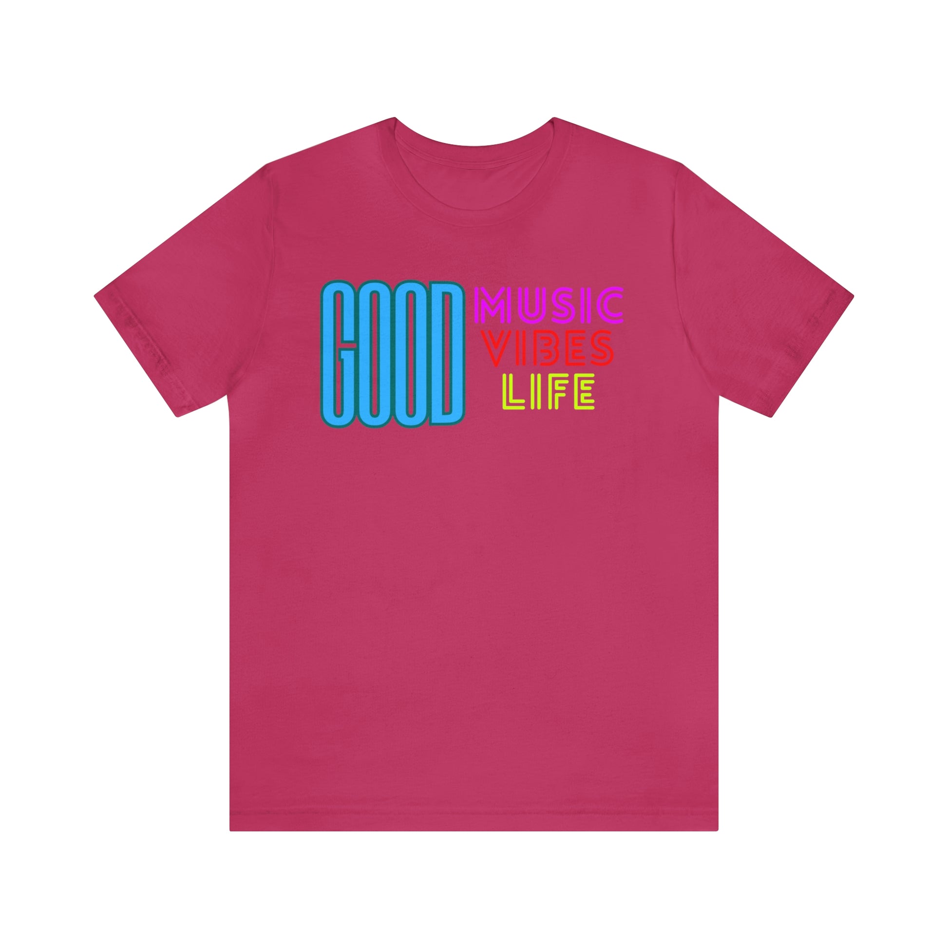 Cool music tshirt with the text "Good music vibes life" in neon colors