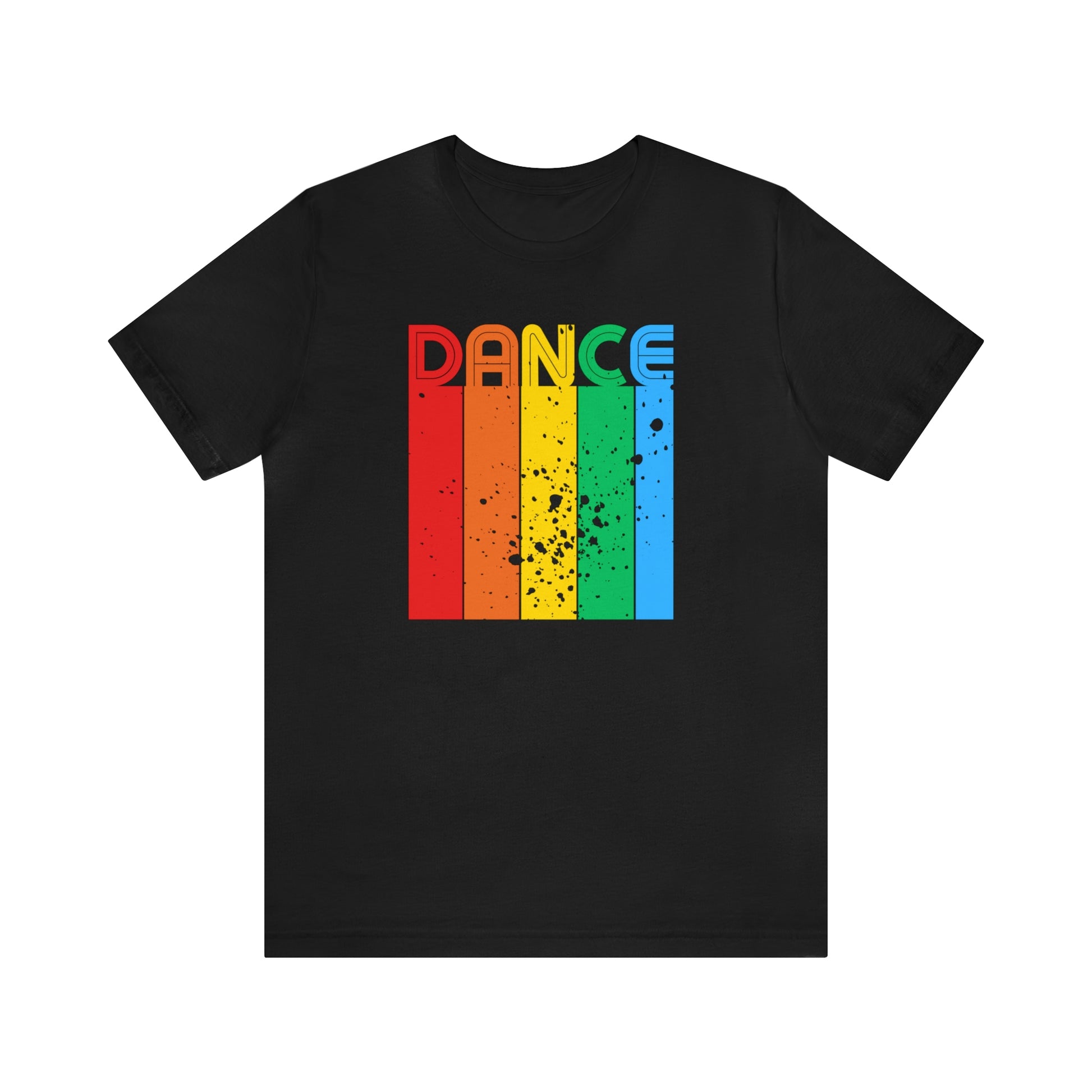 A dance tshirt with the text "Dance". Each letter has a unique color and sits on top of a column with the same color