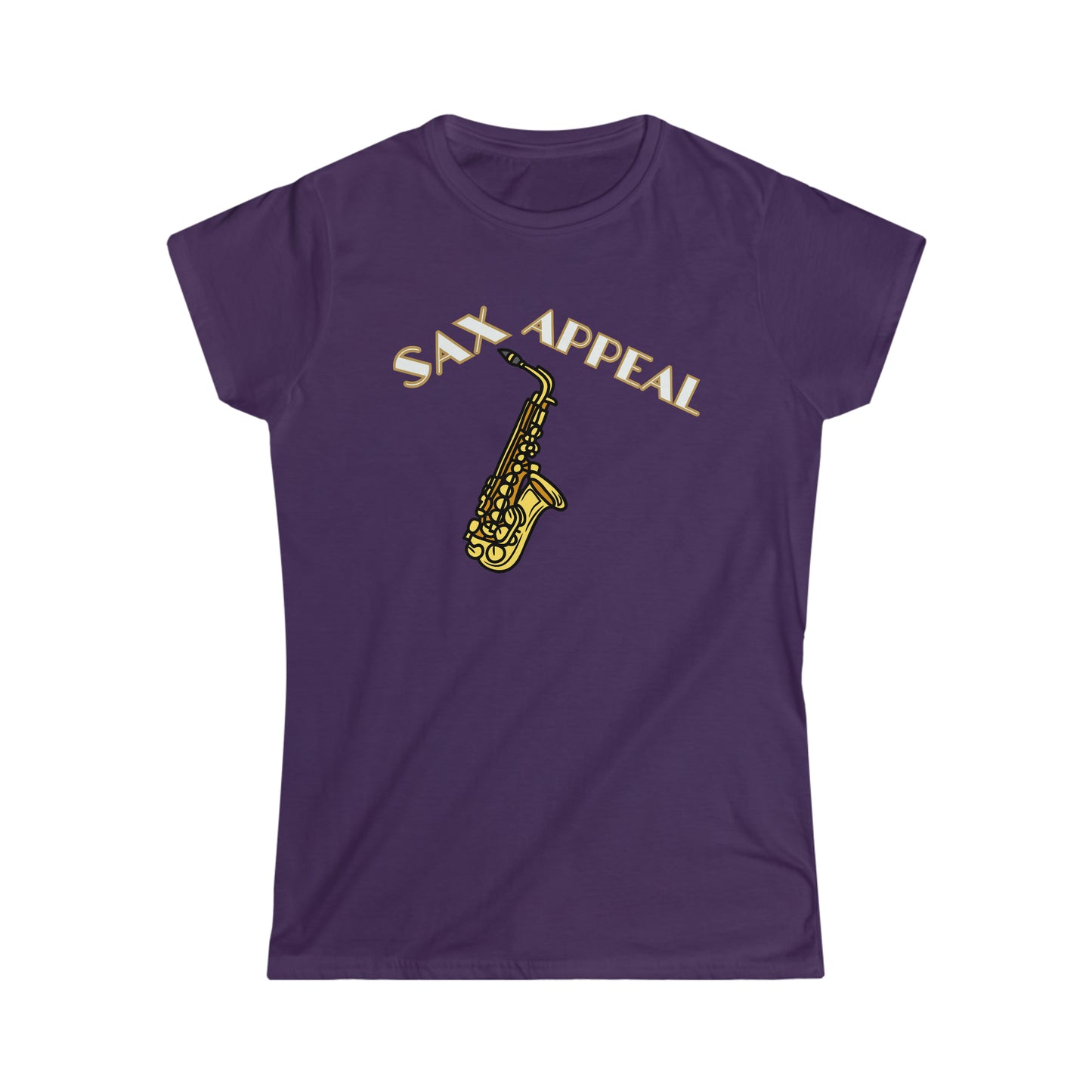 A music tshirt with the text "Sax appeal" with a retro font and a picture of saxophone. A funny jazz music tshirt!