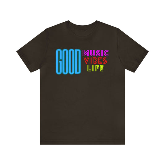 Cool music tshirt with the text "Good music vibes life" in neon colors