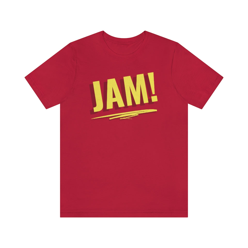 A red T-shirt with the text "JAM!" in cool and icy colors.