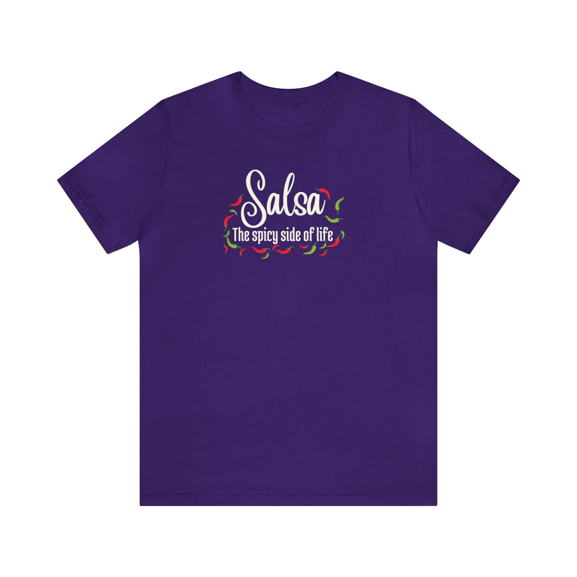 A salsa dance tshirt for salsa dancers with the text "Salsa the spicy side of life" and lots of pictures of small chilis surrounding it