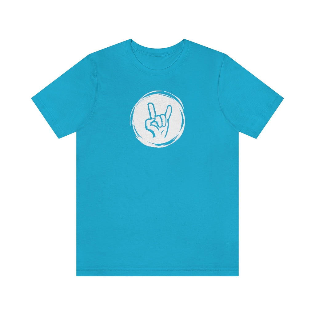 A blue T-shirt with a bright circle and in the middle of it is a hand doing the "rock" sign.