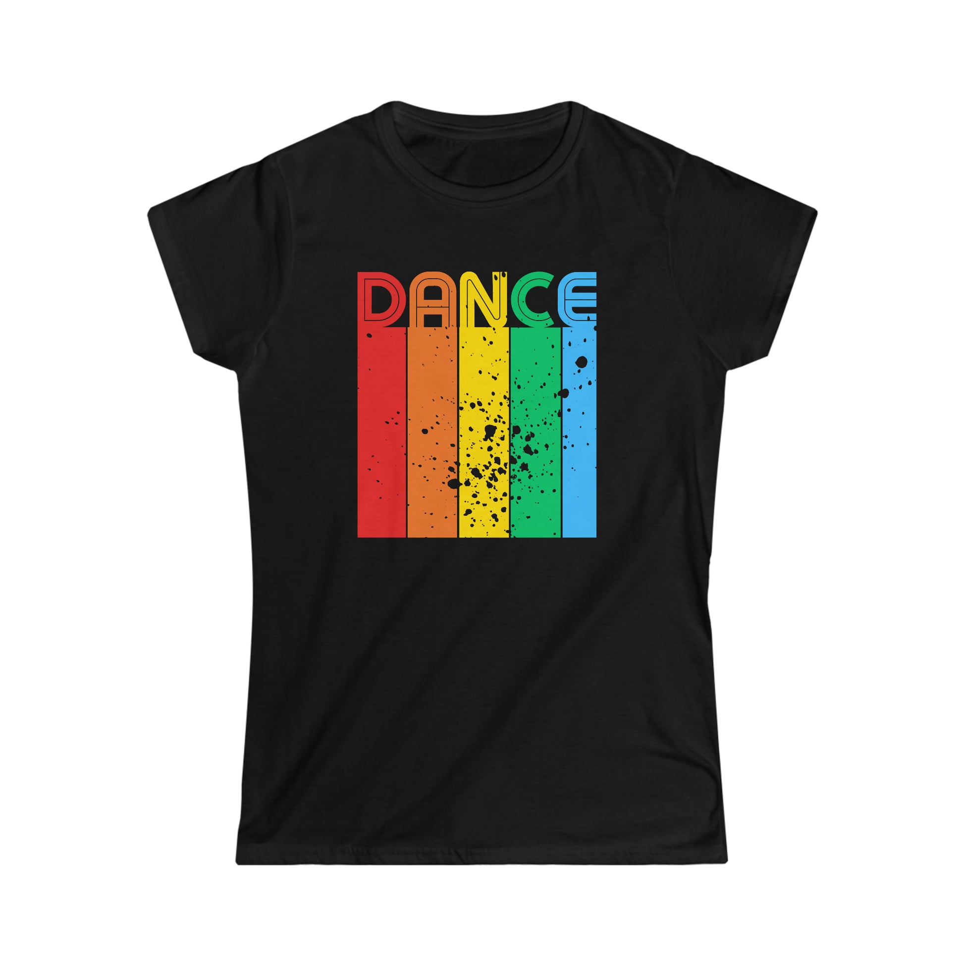 A dance tshirt with the text "Dance". Each letter has a unique color and sits on top of a column with the same color